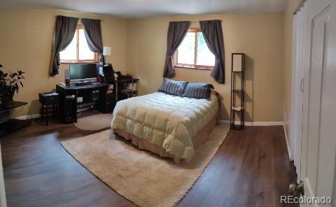 19533 Silver Ranch Road Conifer, CO 80433 - Photo 17 of 19 a bedroom with a bed and wooden floor