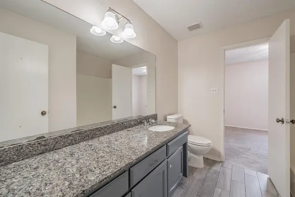 a bathroom with a granite countertop sink a toilet and a mirror