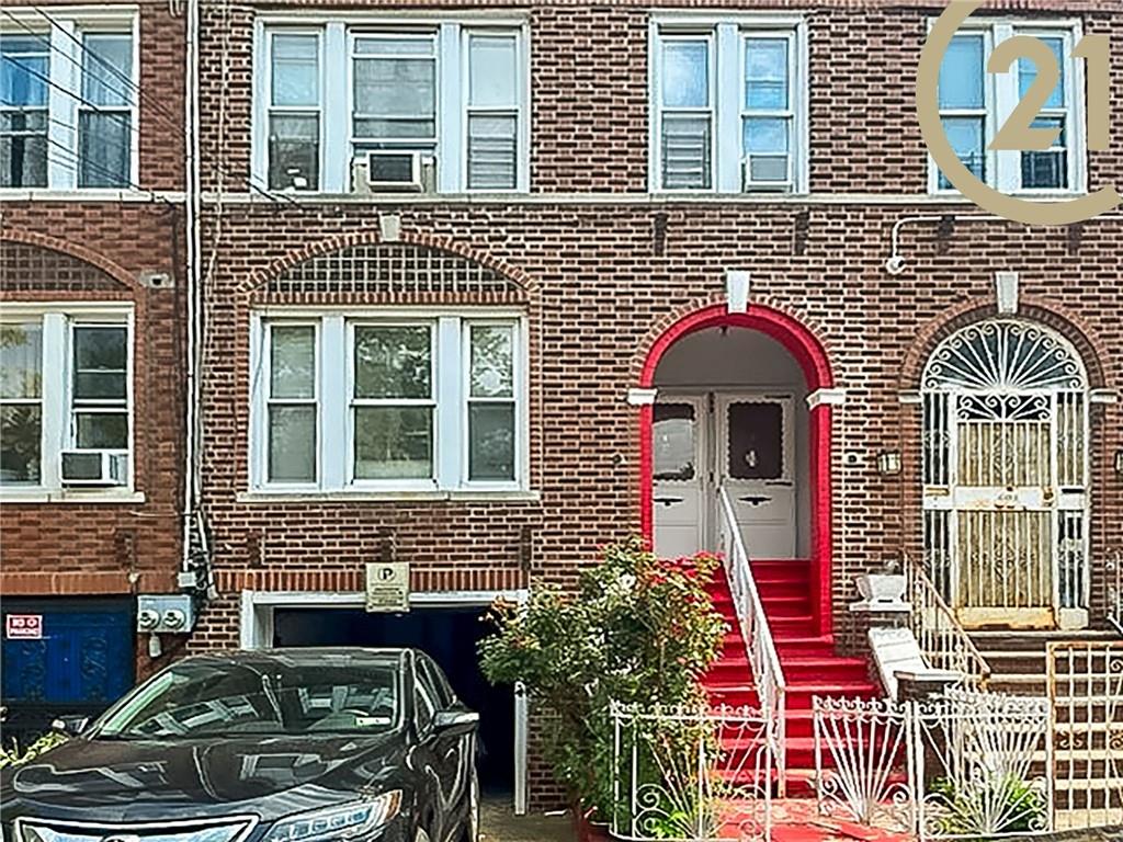 front view of a brick house with a door