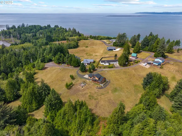 an aerial view of a houses with a yard