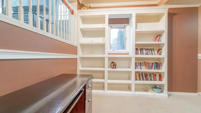 a view of a room with shelves