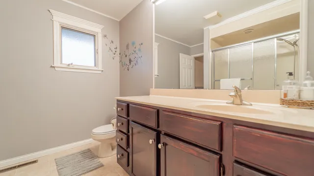 a bathroom with a sink a toilet and mirror