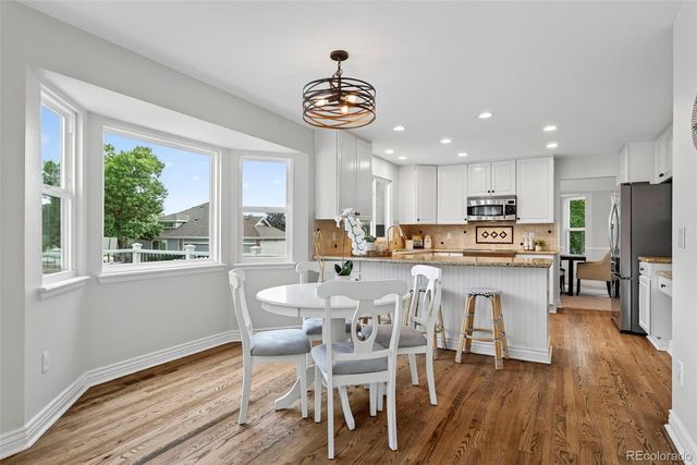 a view of a dining room with furniture window and wooden floor