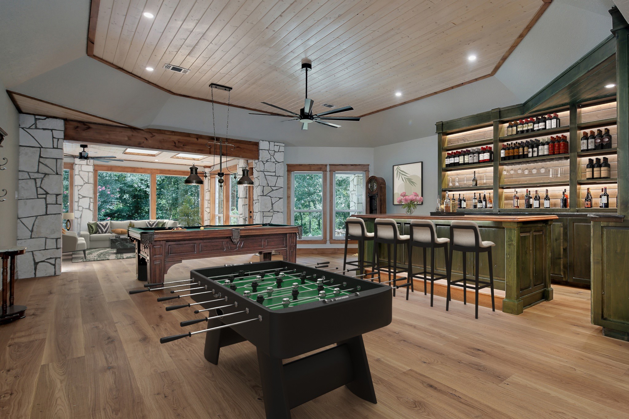 26442 McDonald Road Spring, TX 77380 - Photo 23 of 50 Virtual Staging: Game room with custom bar has stunning architectural features with stone columns and substantial wood beams.