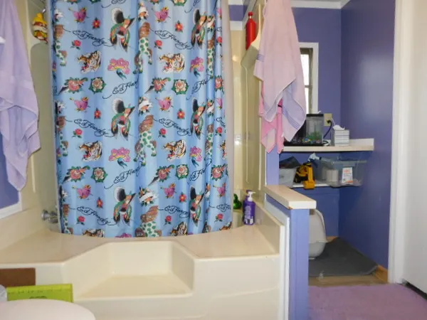 a bathroom with a sink and a curtain