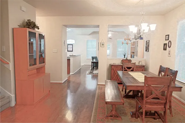 a view of a dining room with furniture