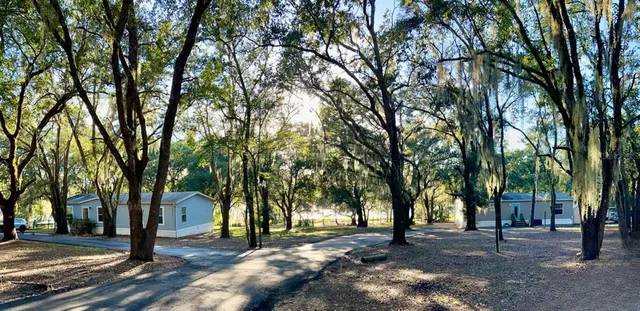 a view of a house with a yard and large trees