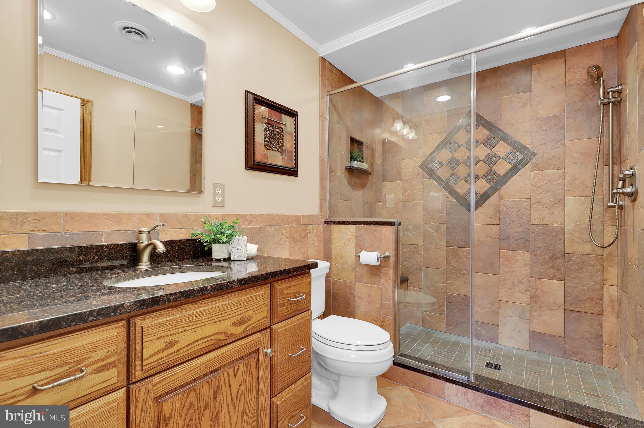 7908 River Run Court Frederick, MD 21701 - Photo 23 of 59 a bathroom with a granite countertop sink a toilet and shower