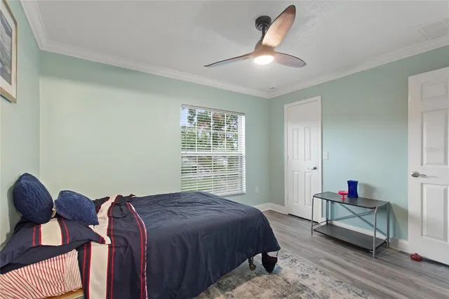 a spacious bedroom with a bed and a chandelier