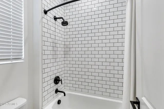a bathroom with a shower and a toilet