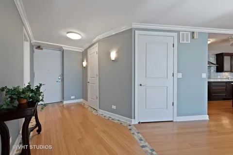 a view of a room with wooden floor and a potted plant