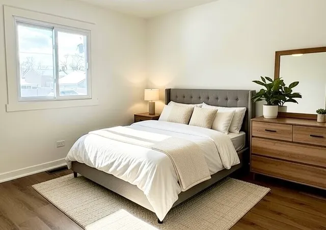 a bedroom with a bed and a potted plant