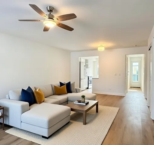a living room with furniture and a wooden floor