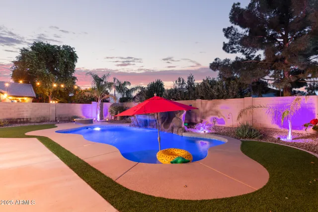 an outdoor space with furniture