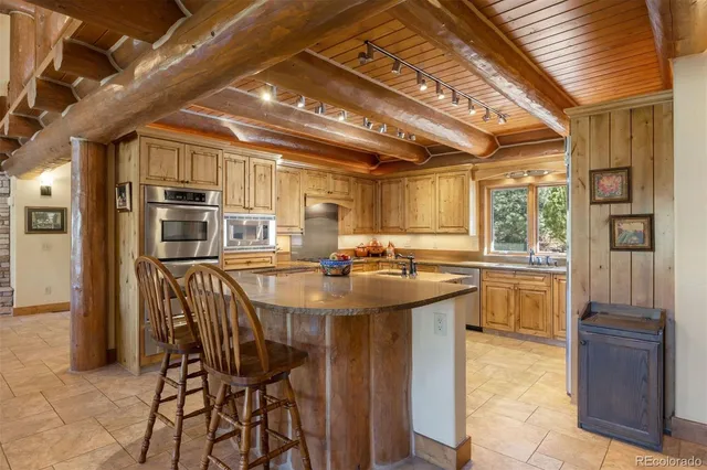 a kitchen with a sink a counter space appliances and cabinets