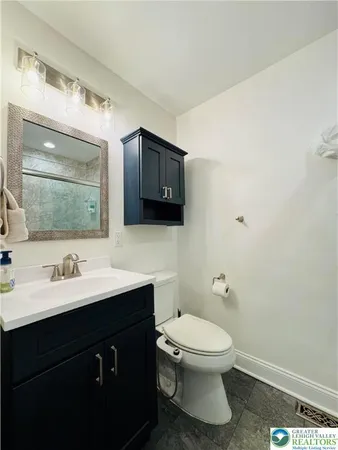 a bathroom with a toilet sink a mirror and vanity