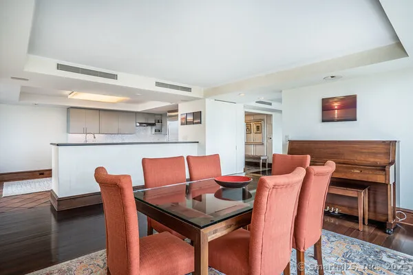 a view of a dining room with furniture