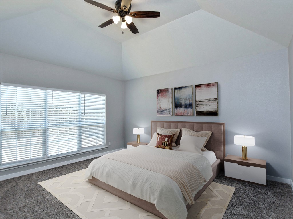 217 Geode Lane Jarrell, TX 76537 - Photo 21 of 35 Carpeted bedroom with a ceiling fan and vaulted ceiling