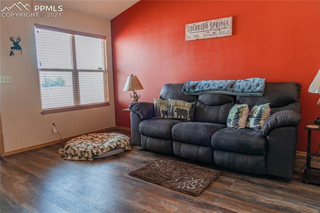 8298 Bohleen Road Peyton, CO 80831 - Photo 7 of 28 Living Room with new luxury vinyl plank floor and vaulted ceilings.