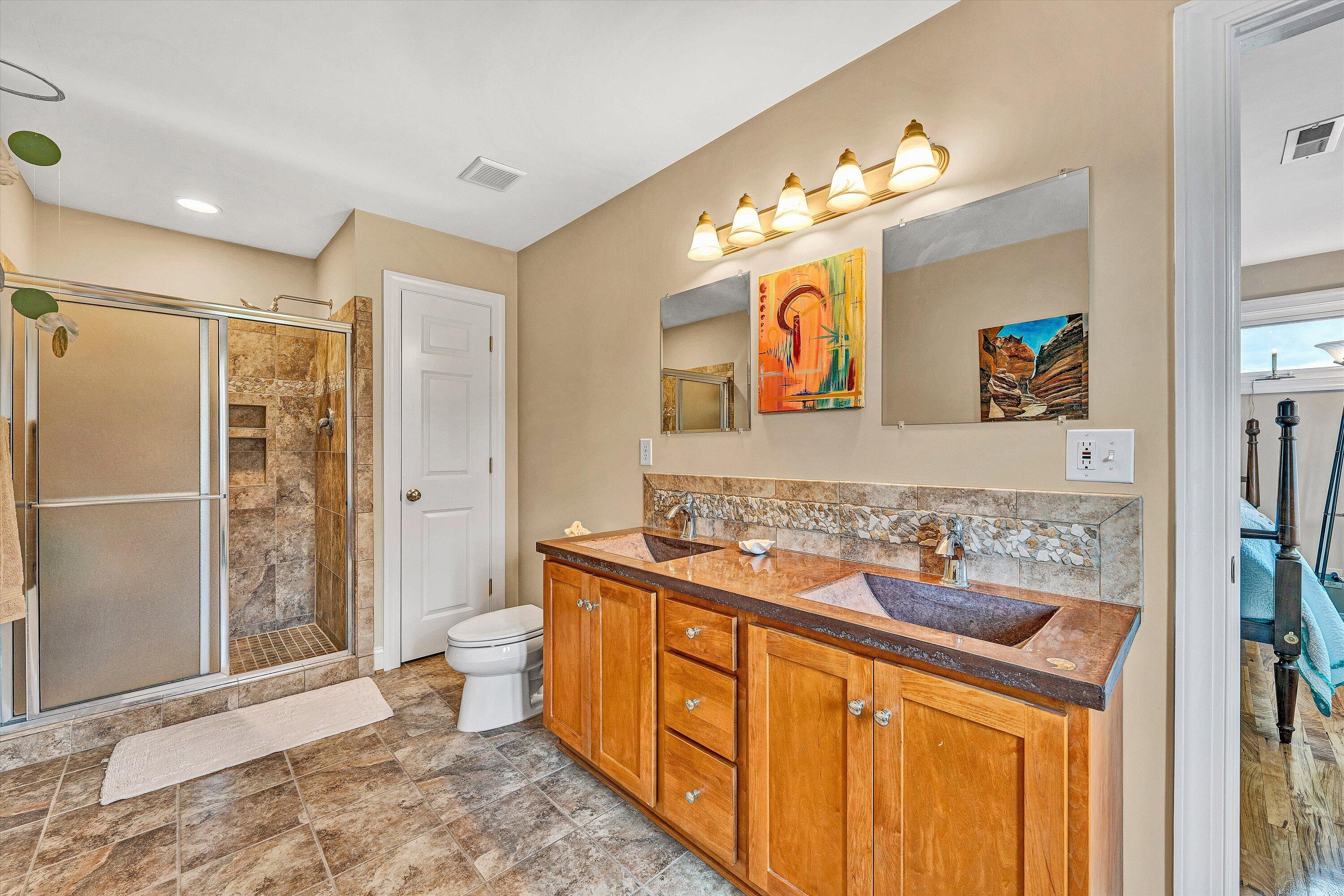 84 Green Level Road Boones Mill, VA 24065 - Photo 39 of 57 a bathroom with a sink a mirror a toilet and shower