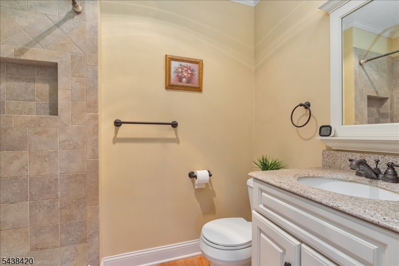 79 Main Street Califon, NJ 07830 - Photo 22 of 50 a bathroom with a granite countertop sink mirror vanity and toilet