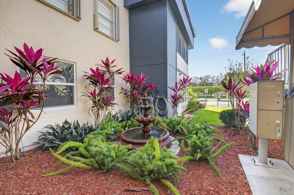 a front view of a house with a yard and potted plants