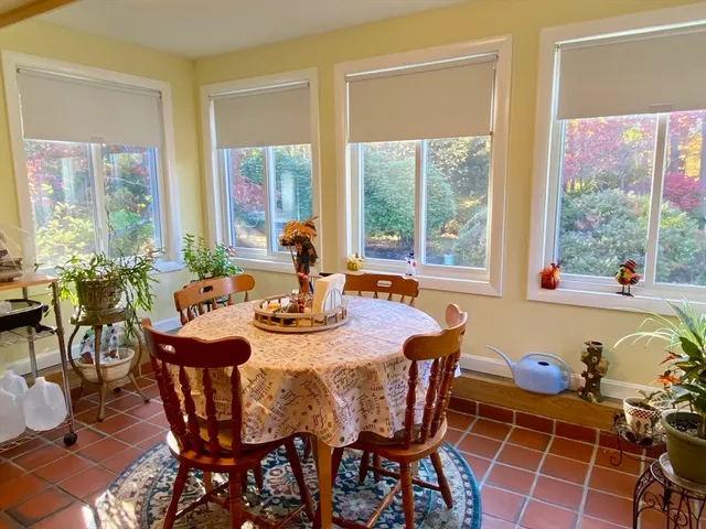 a view of a dining room with furniture window and outside view