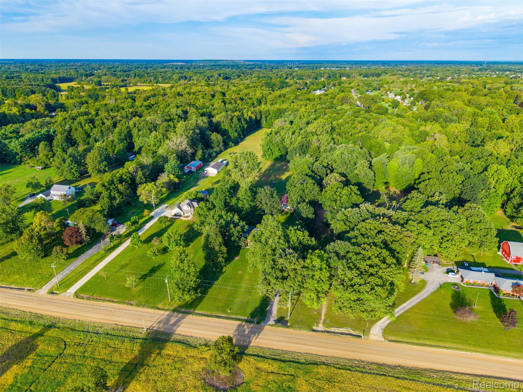 26516 Romine Road New Boston, MI 48164 - Photo 58 of 62 Expansive rural landscape featuring extensive tree coverage, multiple residential structures, and paved driveways