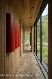 a view of lush green trees from a room