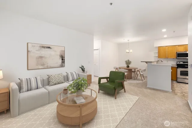 a living room with furniture and kitchen view