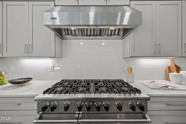 a kitchen with a stove and cabinets