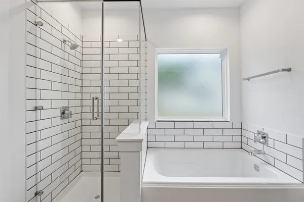 a bathroom with a bathtub