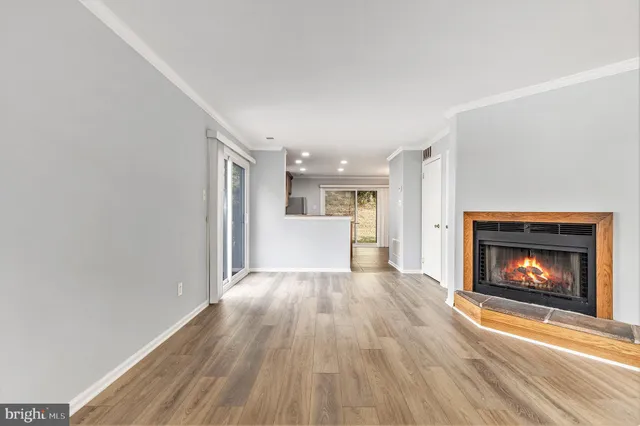 a view of empty room with wooden floor and fireplace