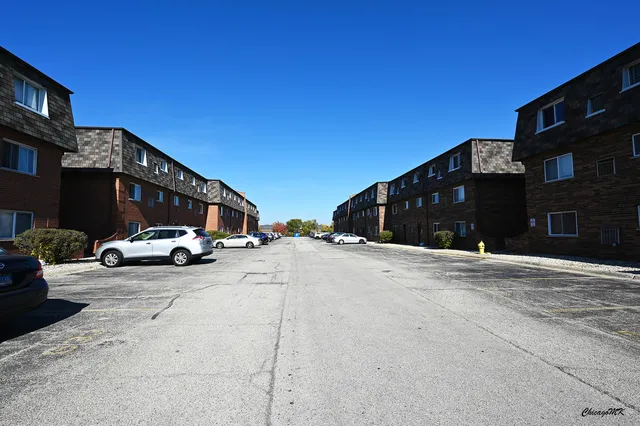 a view of a park with large trees