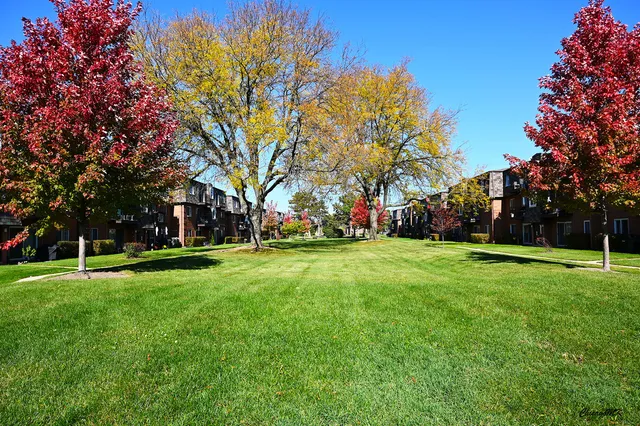 a view of yard with swimming pool and green space