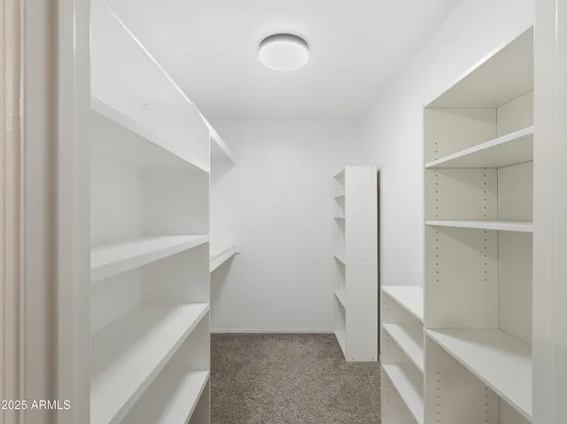 a view of walk in closet with empty racks
