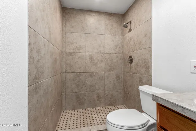 a bathroom with a granite countertop sink a toilet and shower