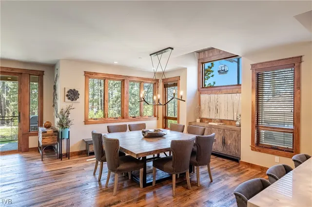 a view of a dining room with furniture window and wooden floor