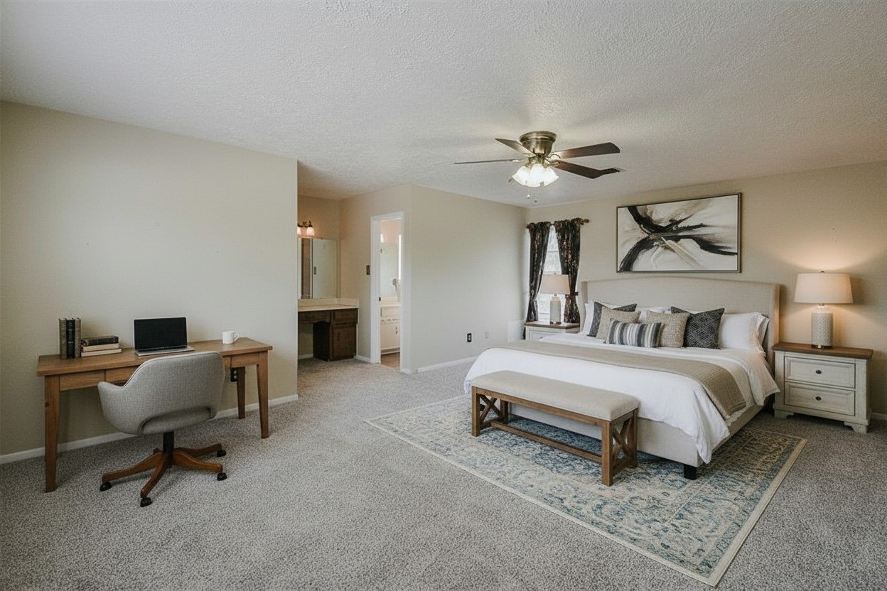 13915 Roundstone Lane Houston, TX 77015 - Photo 29 of 42 a spacious bedroom with a bed and a chandelier
