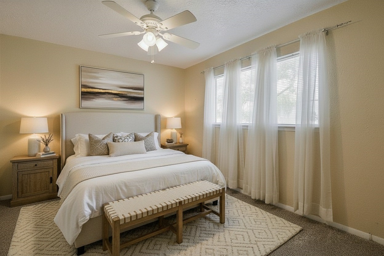 13915 Roundstone Lane Houston, TX 77015 - Photo 37 of 42 a bedroom with a bed and a chandelier