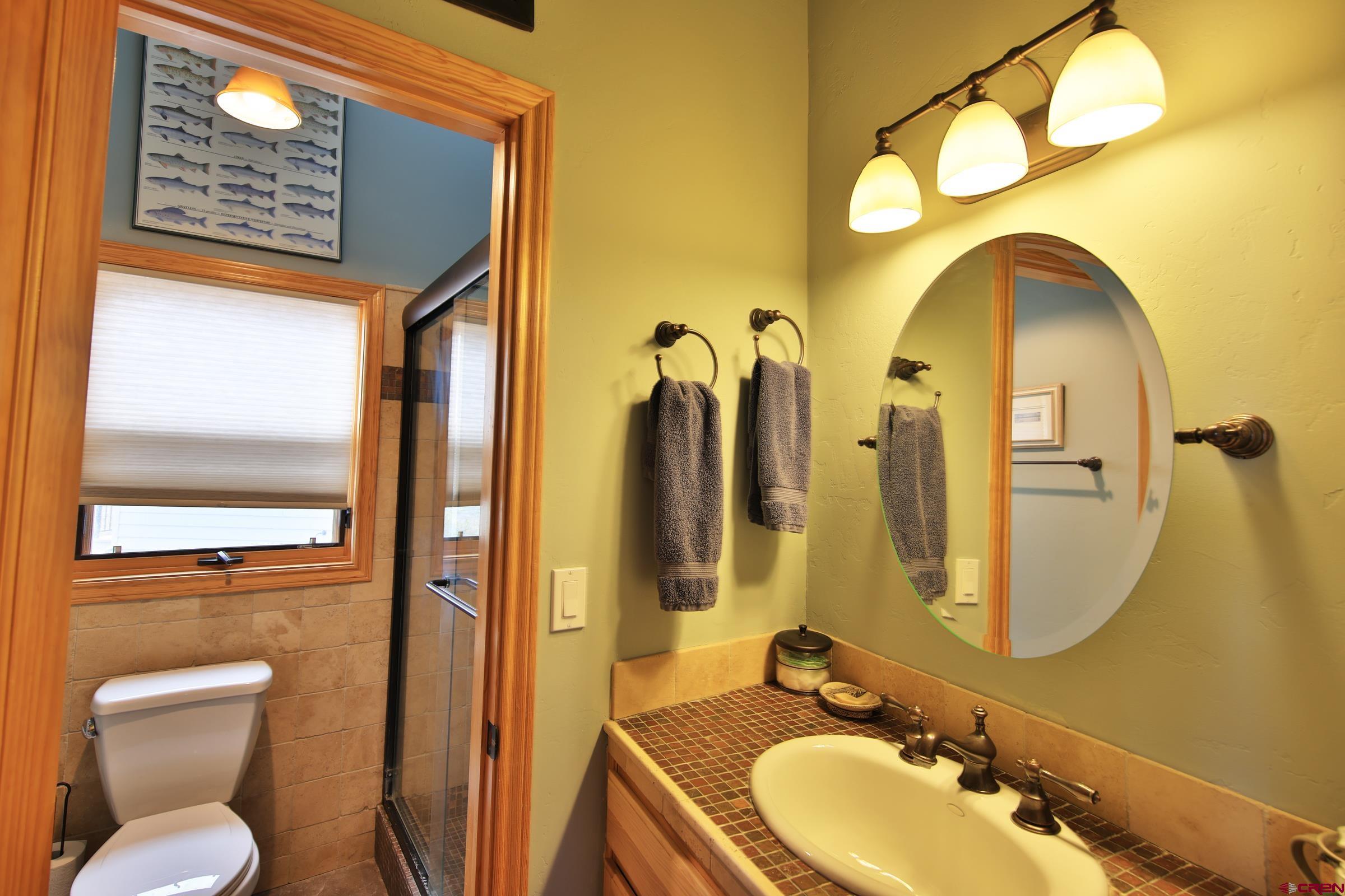 53315 Bull Basin Road Mesa, CO 81643 - Photo 26 of 44 a bathroom with a granite countertop toilet sink and mirror