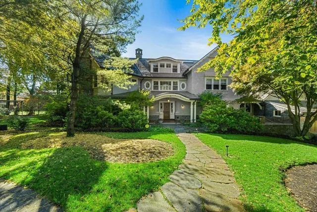 a view of a big yard with plants and large trees