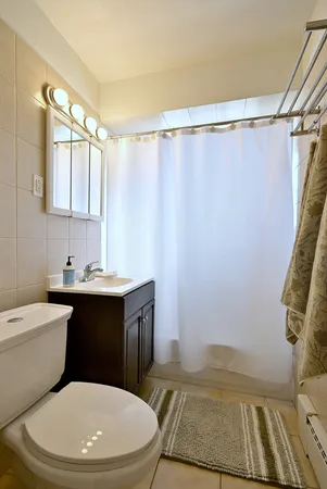 a bathroom with a sink a toilet a shower curtain and a mirror