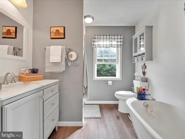 a bathroom with a sink toilet vanity and tub