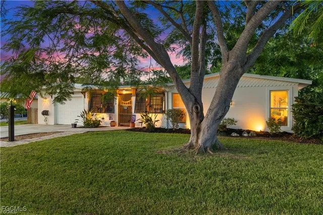a view of a trees in front of a big yard