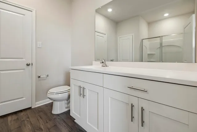 a bathroom with a sink toilet a mirror and vanity