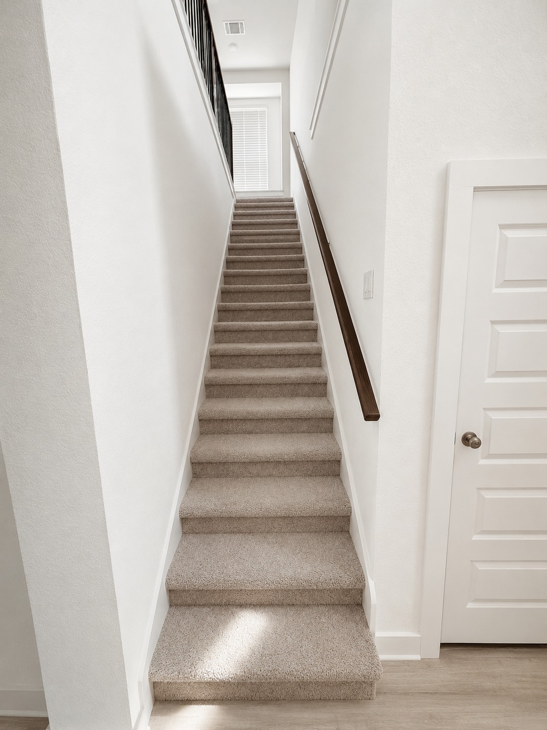 1213 Bryson Rdg Trail Leander, TX 78641 - Photo 2 of 16 Ascend carpeted steps with sleek banisters to a well-lit upper landing.