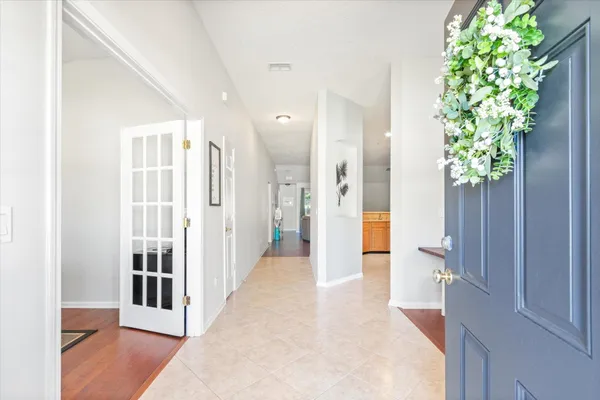 view of a hallway with wooden floor and a potted plant