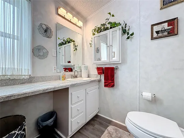 a bathroom with a granite countertop sink a toilet and a large mirror