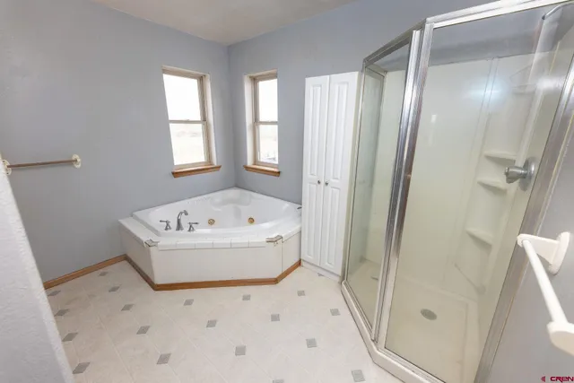 a bathroom with a bathtub and shower
